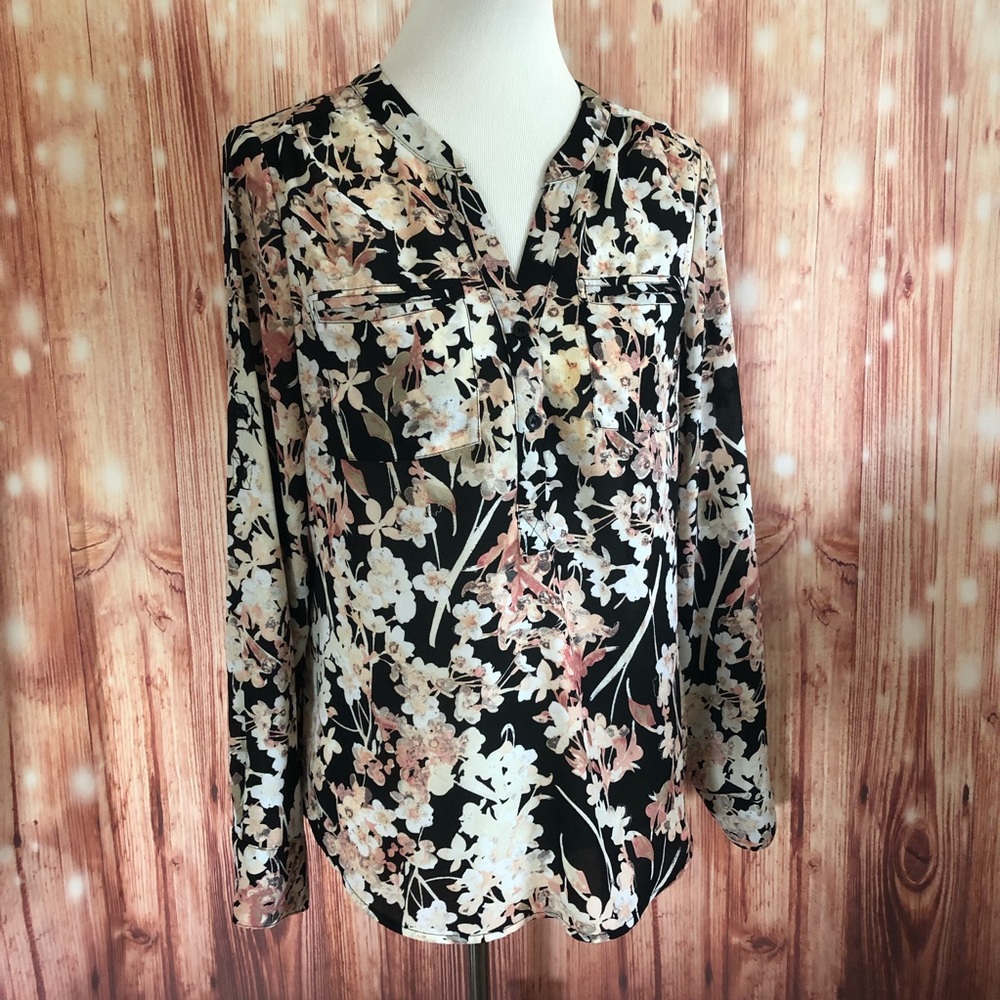 New York & Company Black Floral Long Sleeve Blouse